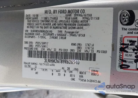 2009 Lincoln Mkz from USA, damaged, VIN 3LNHM26T89R626540